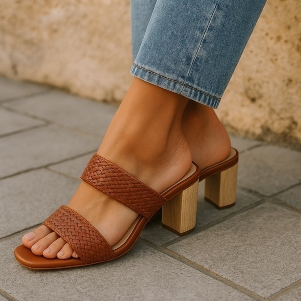Brown Woven Block Heel Sandals